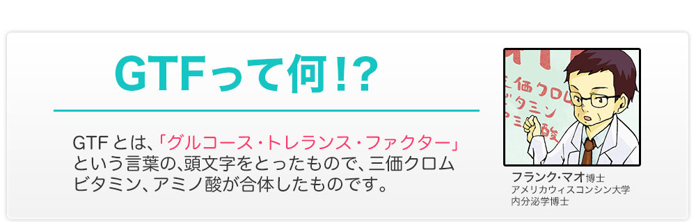 GTFって何!?GTF とは、「グルコース・トレランス・ファクター」という言葉の、頭文字をとったもので、三価クロムビタミン、アミノ酸が合体したものです。